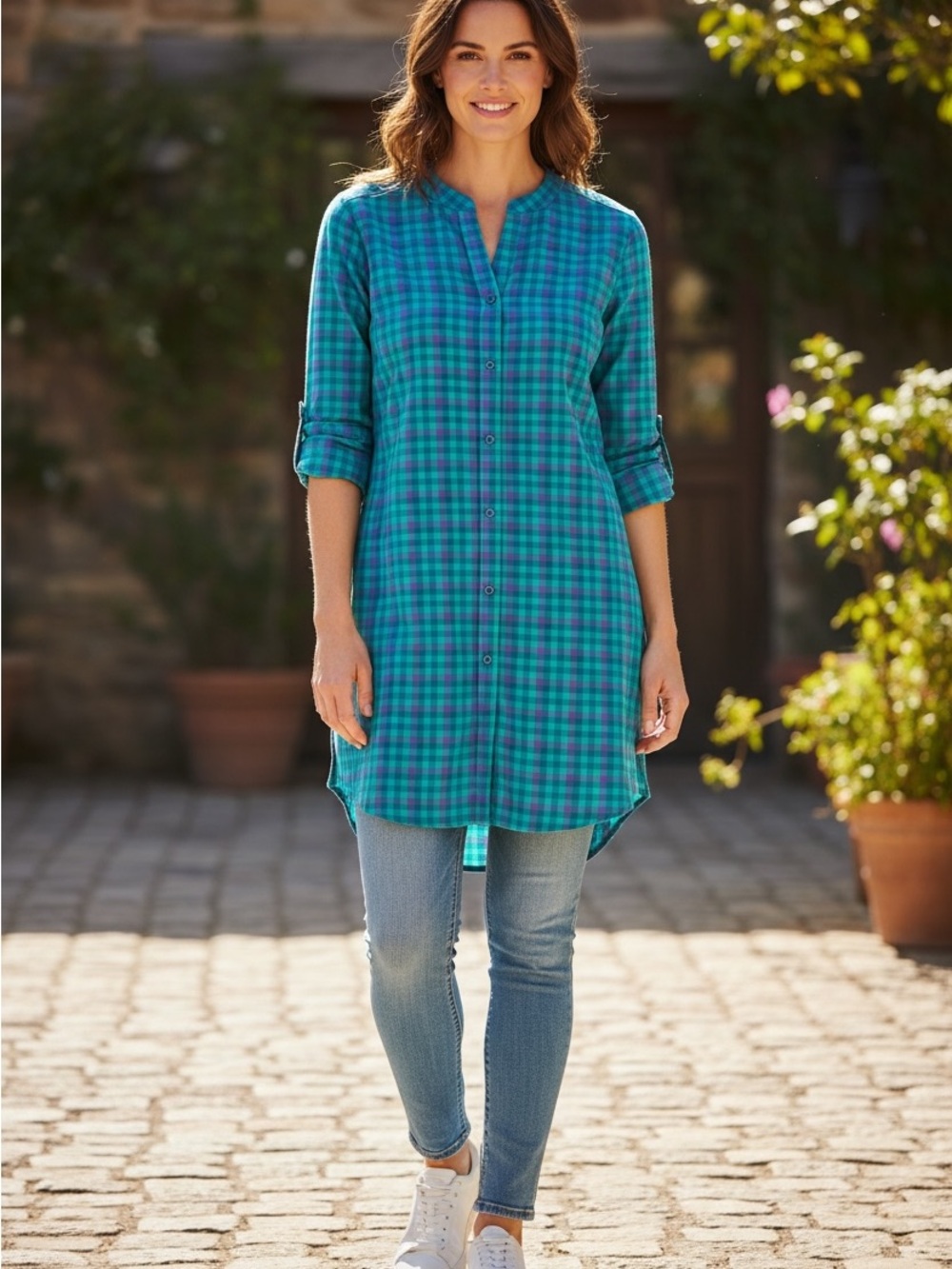 NWT Duluth Trading Co Women's DuluthFlex Sidewinder Tunic in Teal & Purple LRG